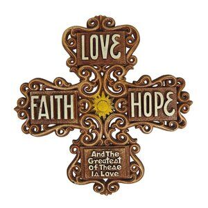 Decorative Faith Hope Love Wall Cross Plaque Sunburst Faux Wood MCM 60s Decoe